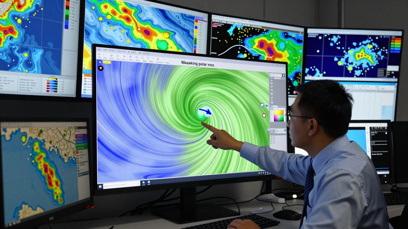 Man analysing weather data on multiple computer screens in an office environment.