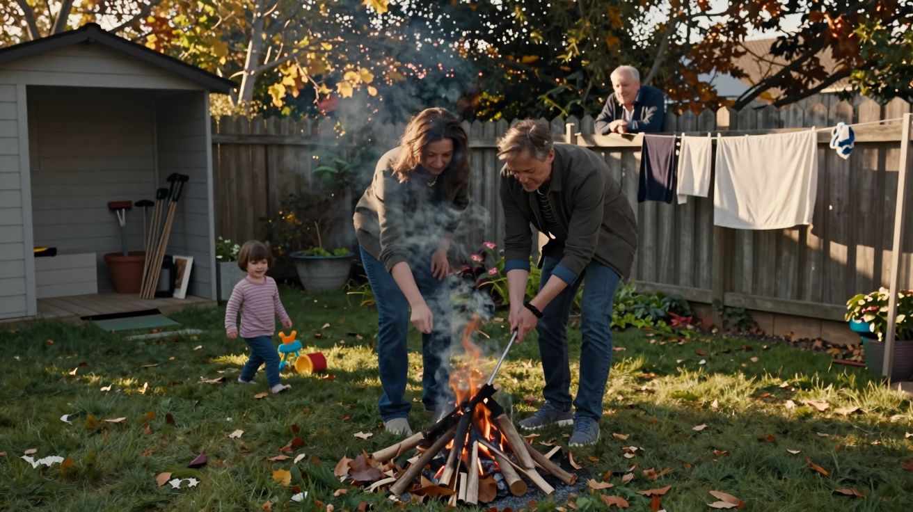 Family tending a small bonfire in a garden with laundry hanging and a shed in the background.
