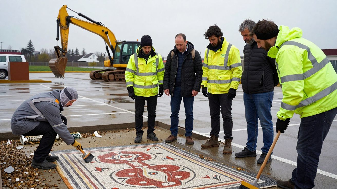 Workers uncover ancient mosaic on wet ground, using brushes and tools, with a digger in the background.