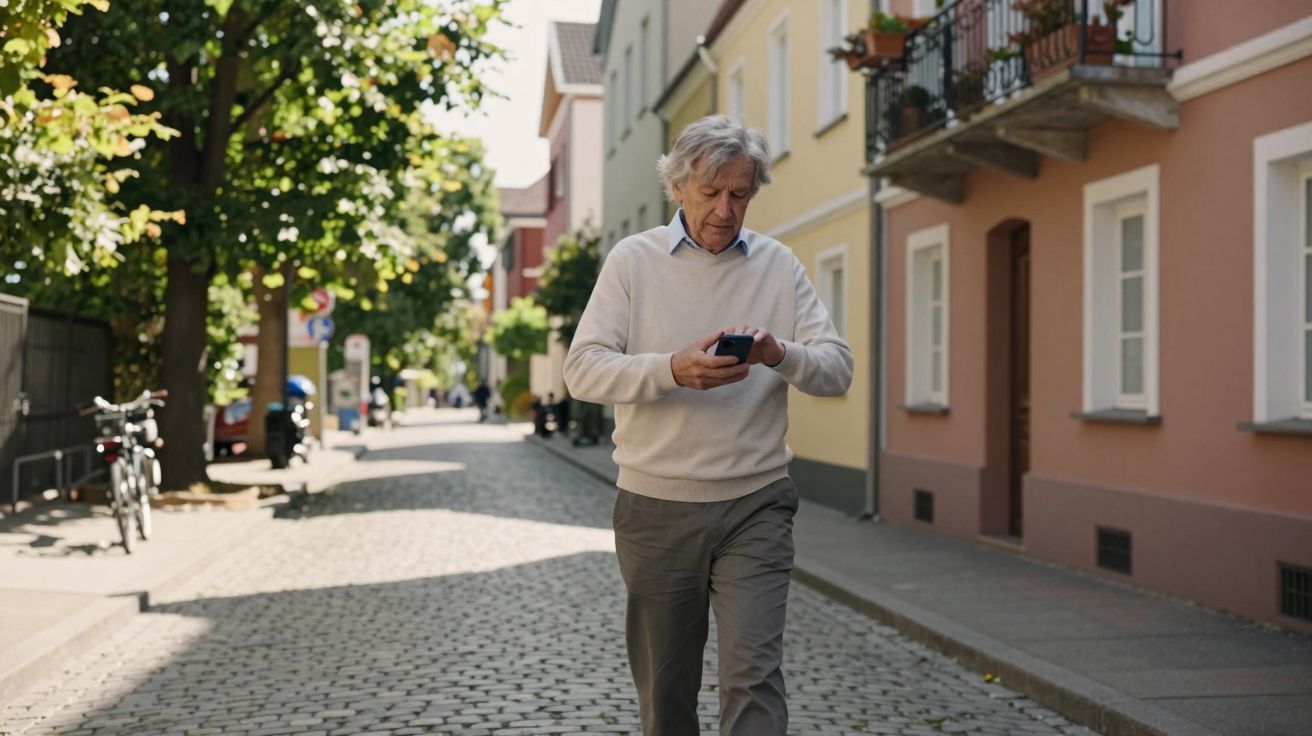 Elderly man walking on a sunny cobblestone street, looking at his phone, surrounded by colourful buildings and trees.