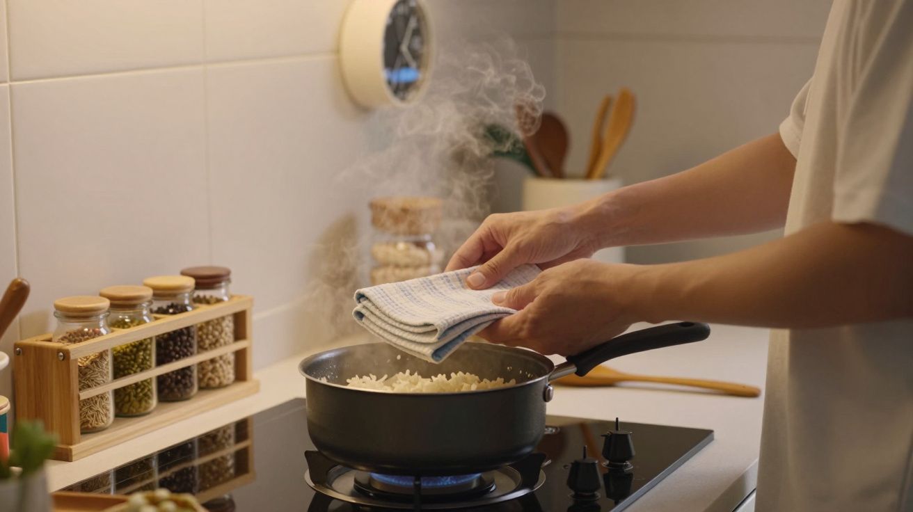 Person cooking rice on a stove, holding a cloth over a steaming pot in a modern kitchen.