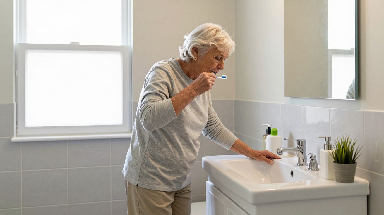 Elderly woman brushing teeth at bathroom sink, wearing grey jumper, with window and mirror visible.