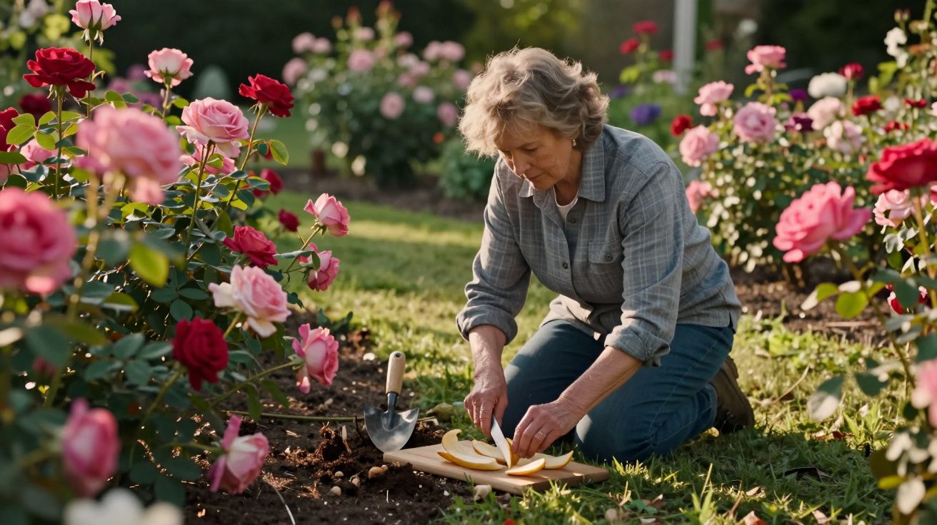 Elderly woman kneeling in a rose garden, cutting banana peels on a board with a trowel nearby.