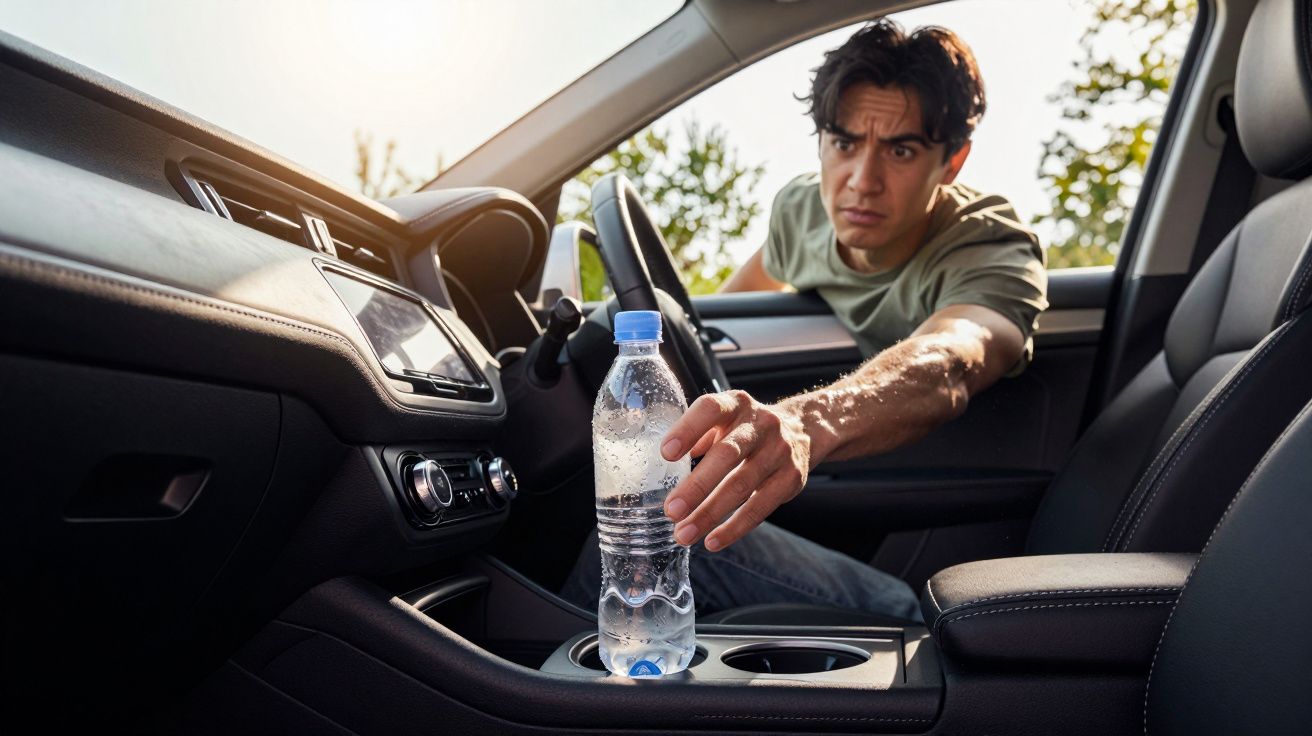 Man reaching for a water bottle in the car's cup holder, with a focused expression and sunlight filtering through trees.