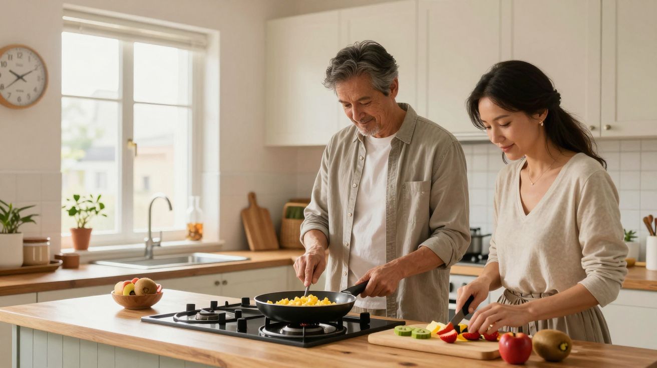 Man and woman cooking together in a bright kitchen, cutting fruit and stirring a pan on the hob.