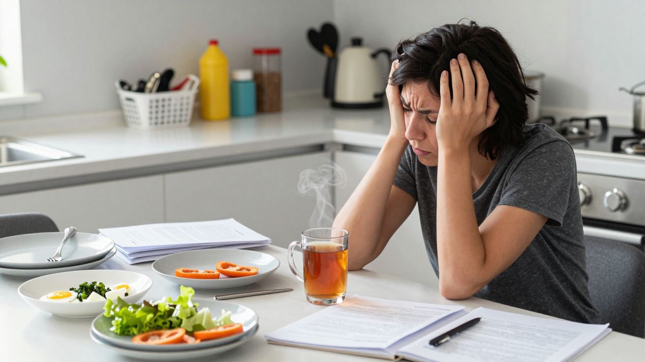 Person in kitchen with head in hands, surrounded by paperwork, a meal, and a steaming cup of tea.