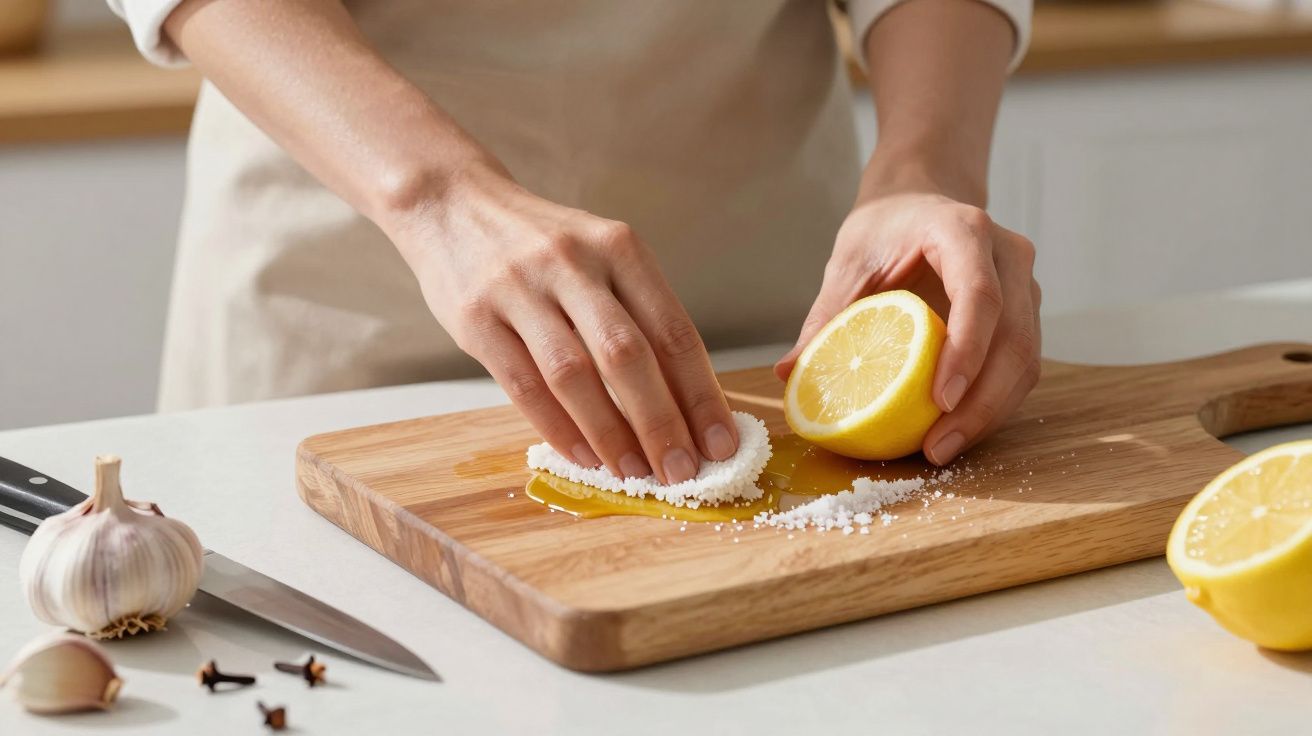 Person cleaning a wooden board with lemon and salt, next to garlic and a knife in a kitchen setting.