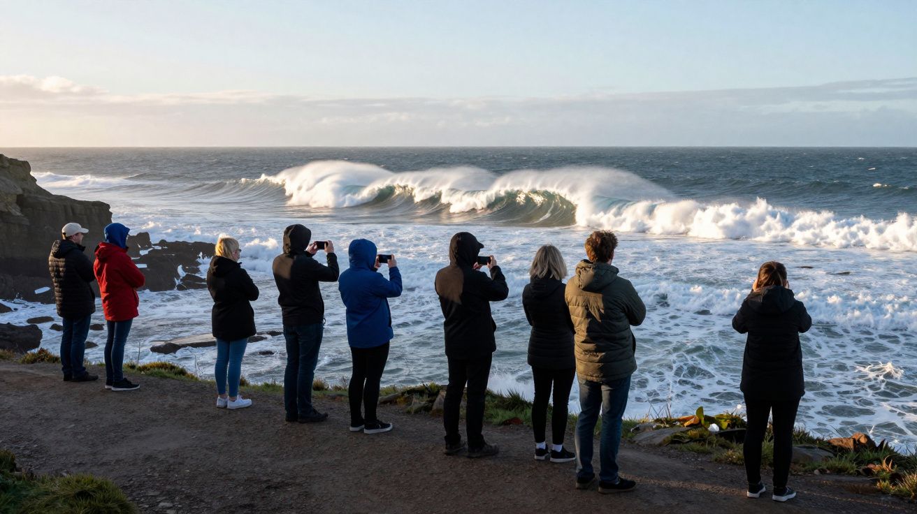 People photograph large waves crashing on a rocky coastline under a clear sky.