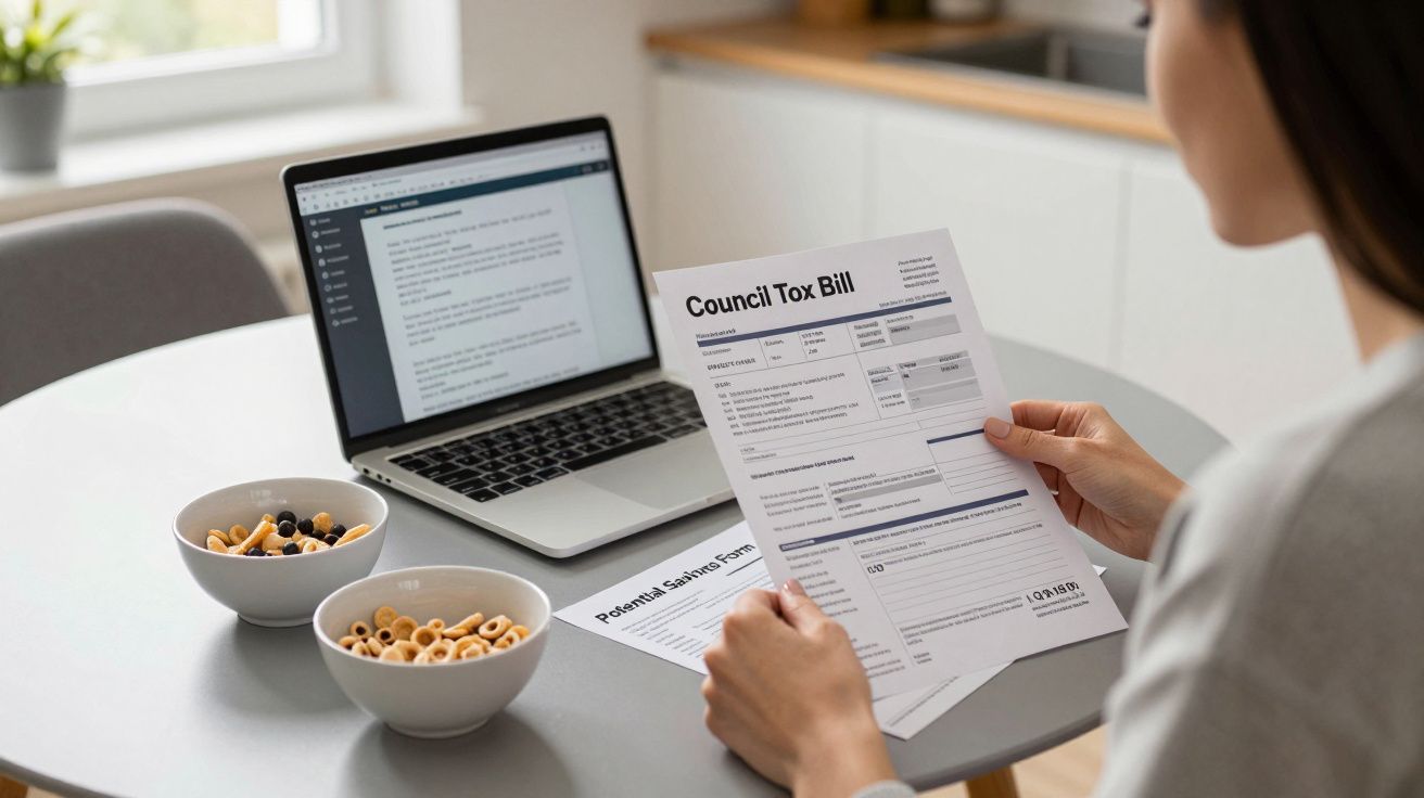 Person reading a Council Tax Bill at a table with an open laptop and two cereal bowls.