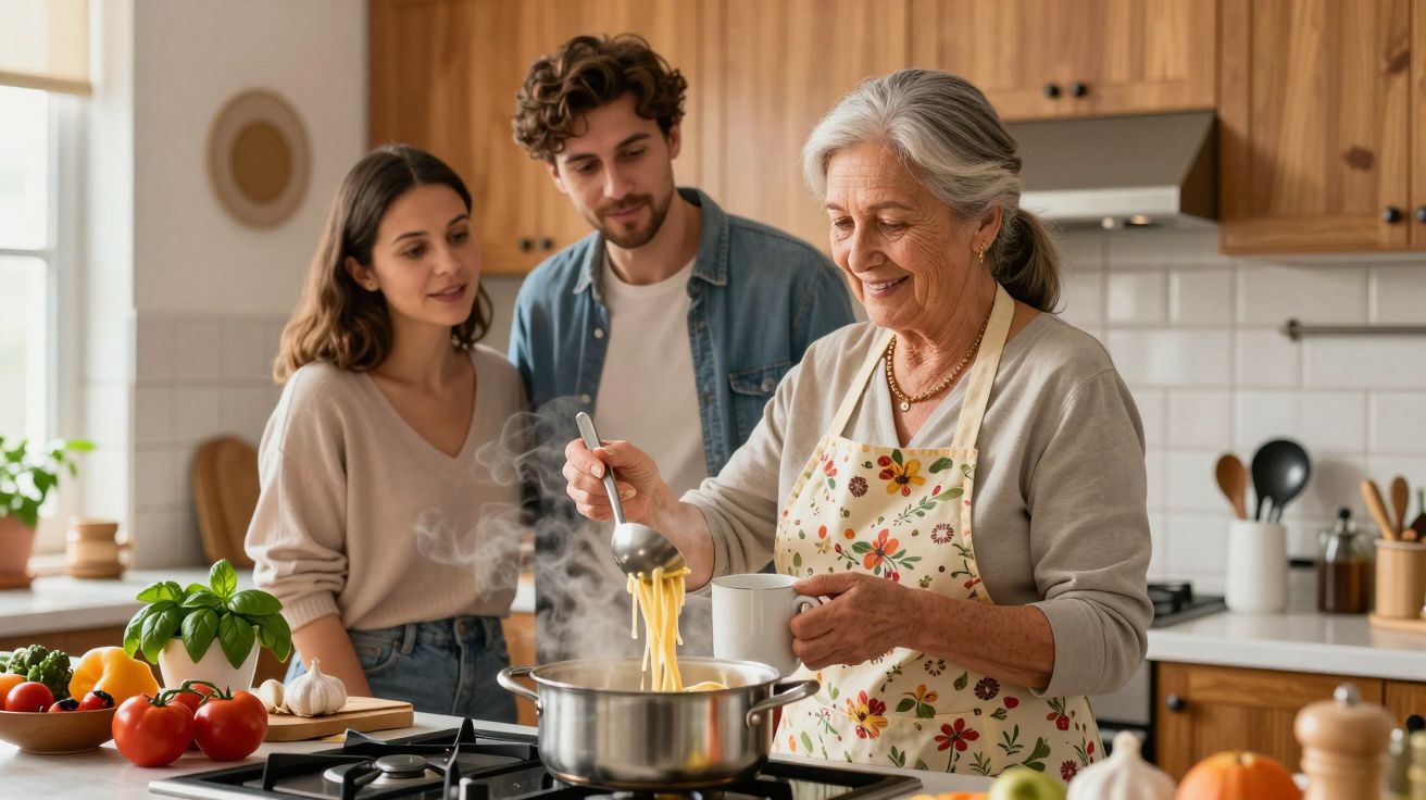Elderly woman in floral apron cooking spaghetti in kitchen, watched by two younger people, with fresh vegetables nearby.