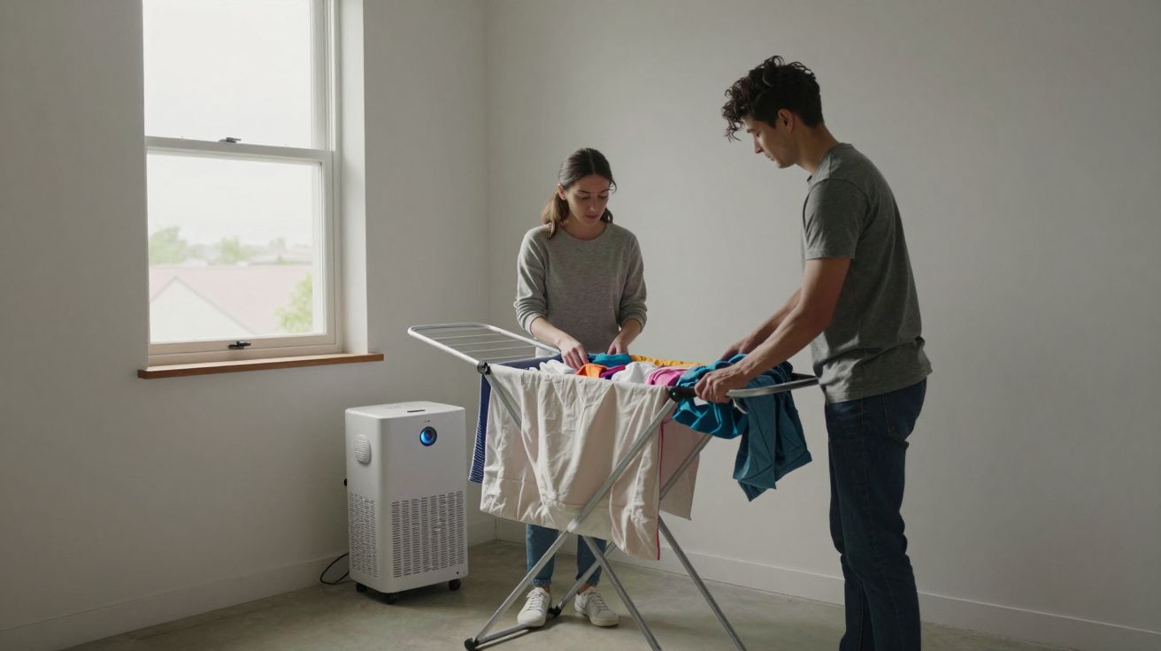 Two people hang clothes on a drying rack in a bright room with a window and a dehumidifier.