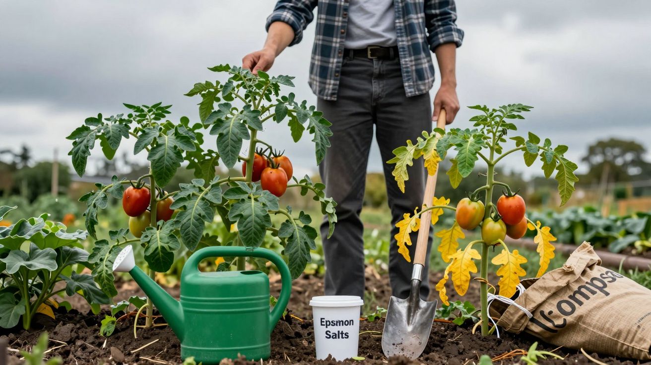 Gardener tending tomato plants with watering can, compost bag, Epsom salts, and spade in a vegetable garden.
