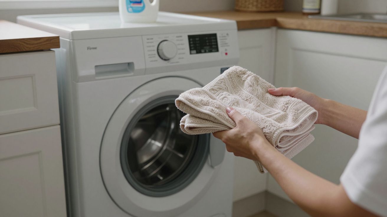 Person holding towels in front of a white washing machine in a laundry room.