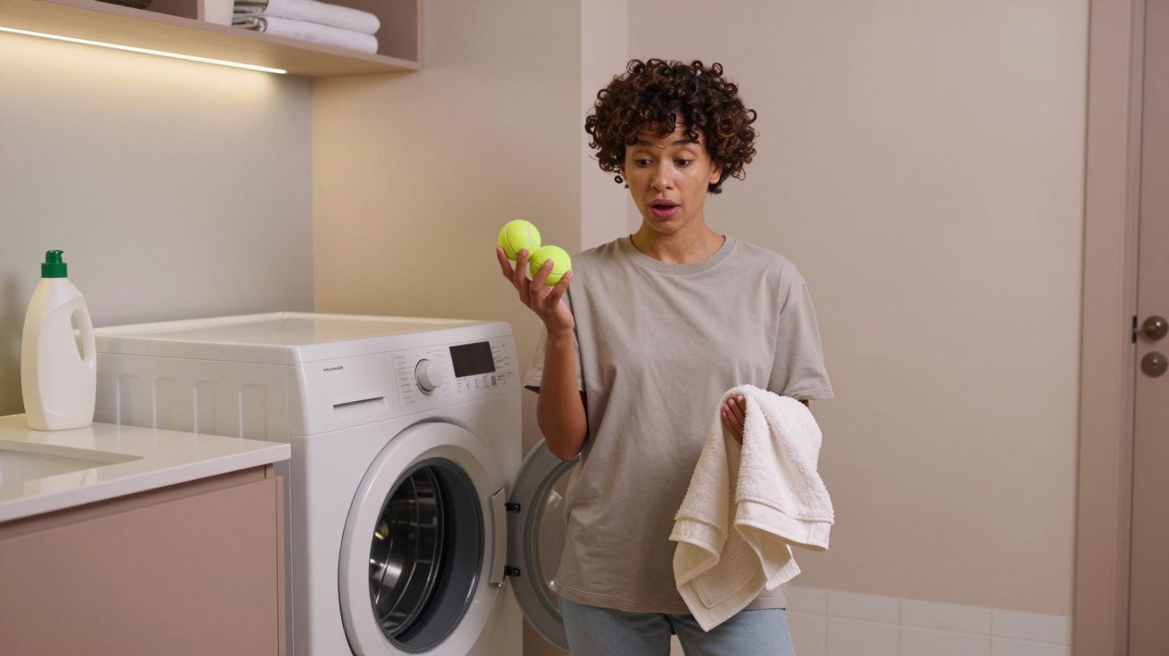 Person in a laundry room holding tennis balls and a towel in front of an open washing machine.