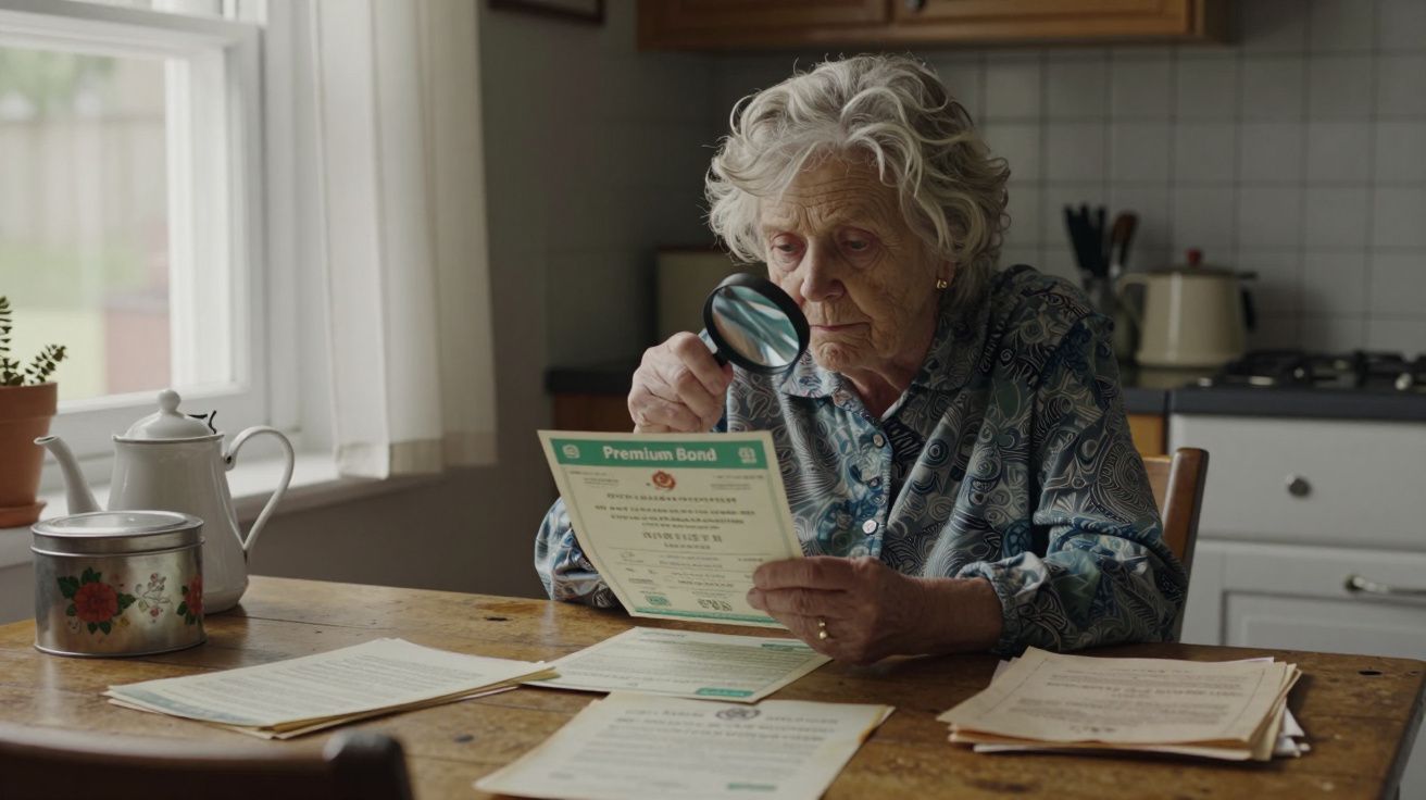 Elderly woman uses magnifying glass to read financial documents in a kitchen.