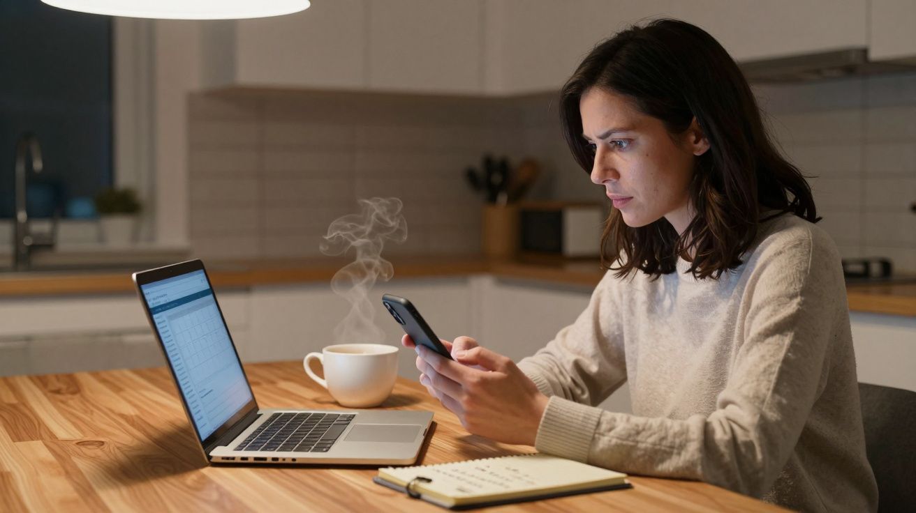 Woman working at a kitchen table, viewing phone and laptop, with a steaming cup of coffee nearby.
