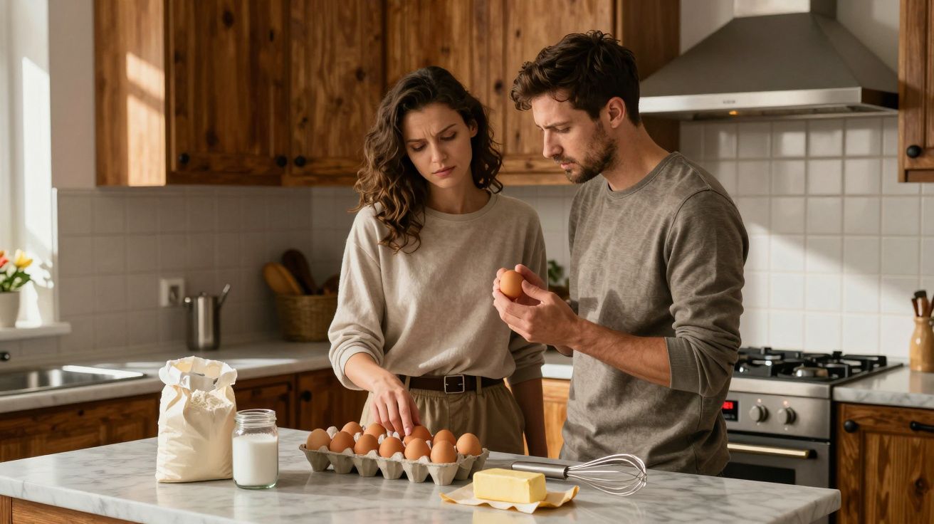 Couple in kitchen examining eggs with flour, milk, butter, and a whisk on the counter.