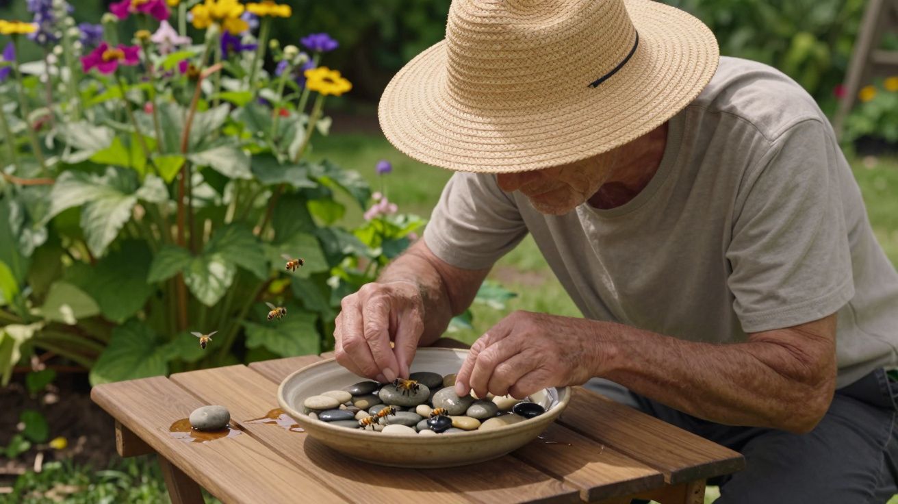 Elderly man in straw hat arranging stones in a dish, surrounded by bees, in a colourful garden with blooming flowers.