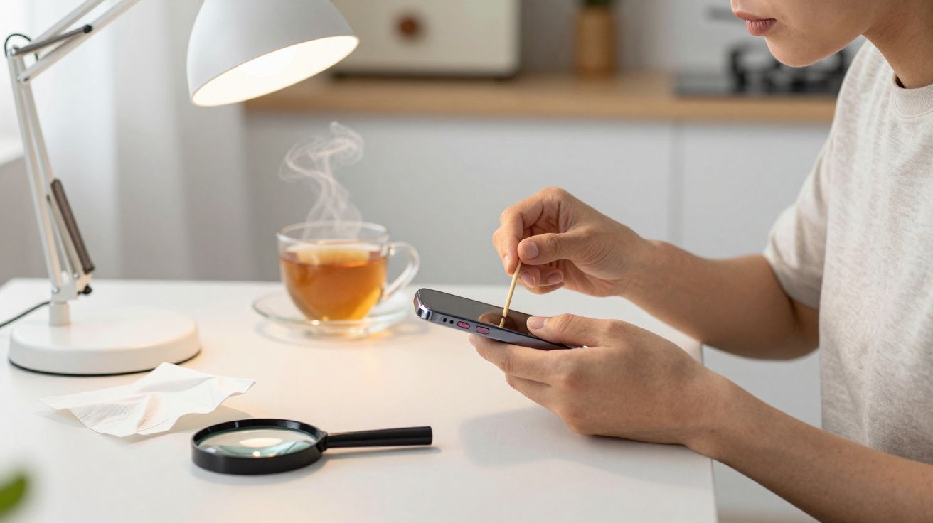 Person cleaning a smartphone with a stick, beside a magnifying glass and steaming cup of tea on a desk lamp-lit table.