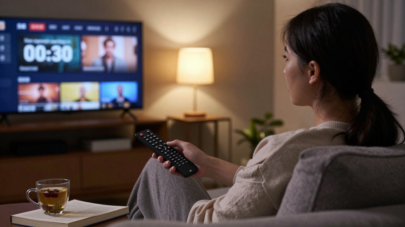 Woman on sofa with remote, watching TV. A table with tea and a book is beside her, lamp lit in background.