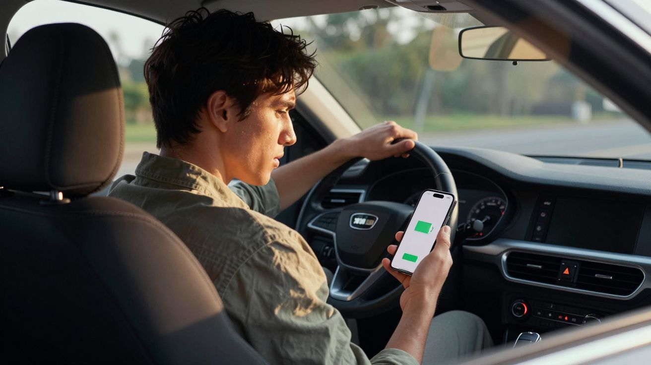 Man in car looking at phone with two green battery icons on screen.