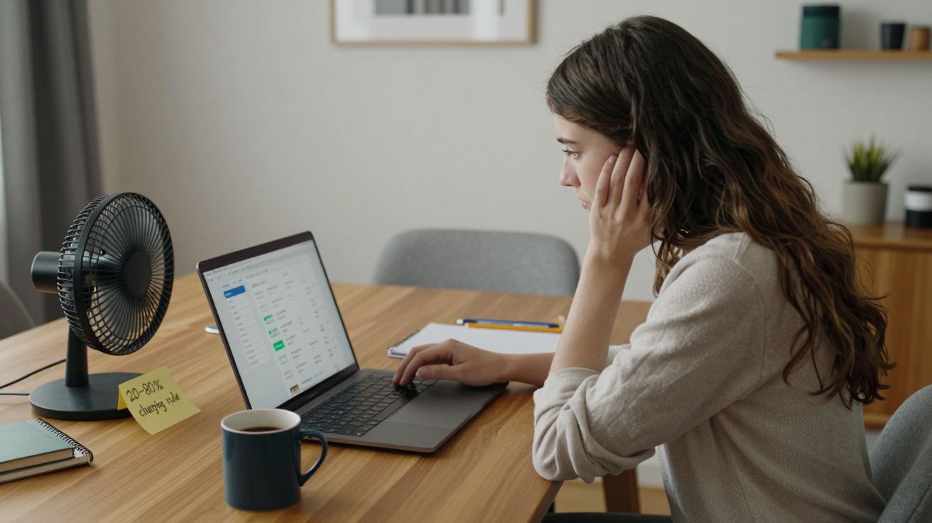 Woman working on a laptop at a wooden table with a fan, cup, notebook, and sticky note in a minimalistic room.