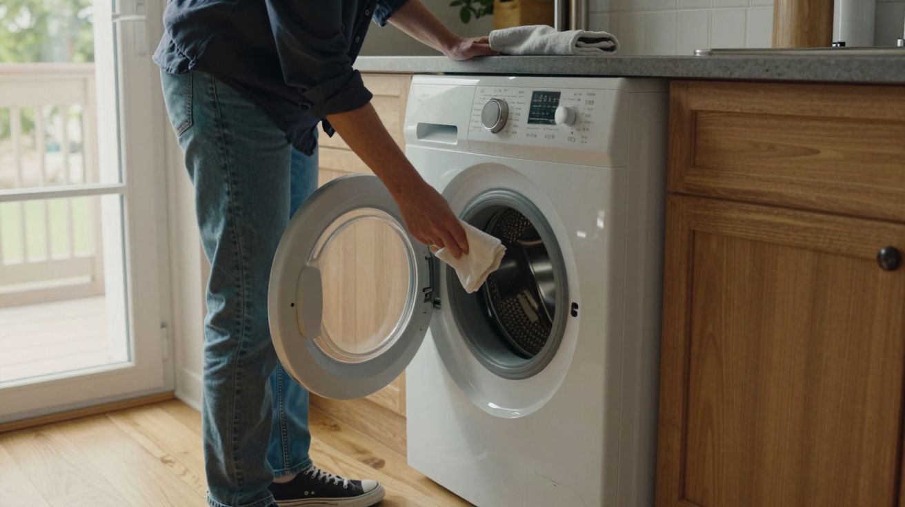 Person wiping the inside of an open front-loading washing machine in a kitchen.