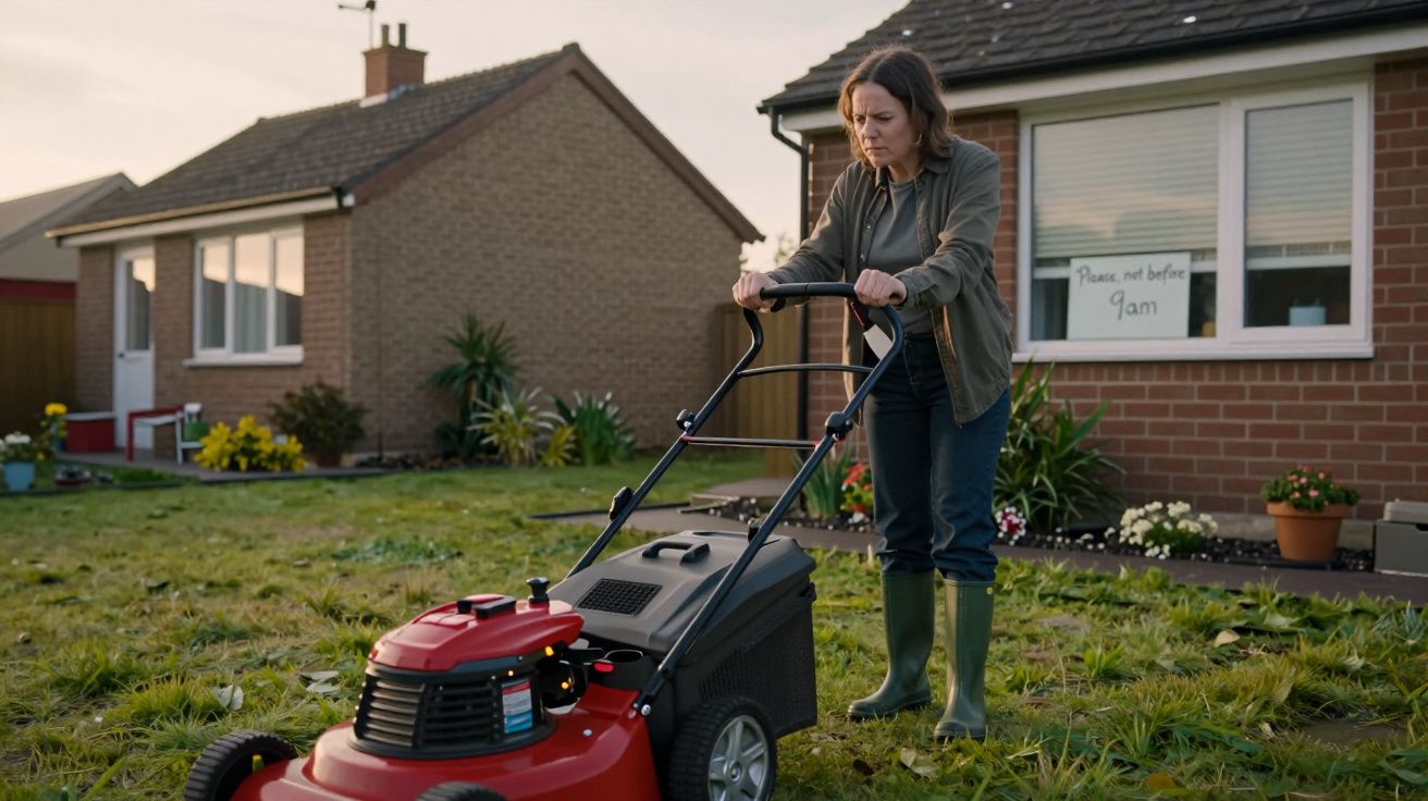 Woman in green wellies mowing the lawn in front of brick house with "Please, not before 9am" sign in window.