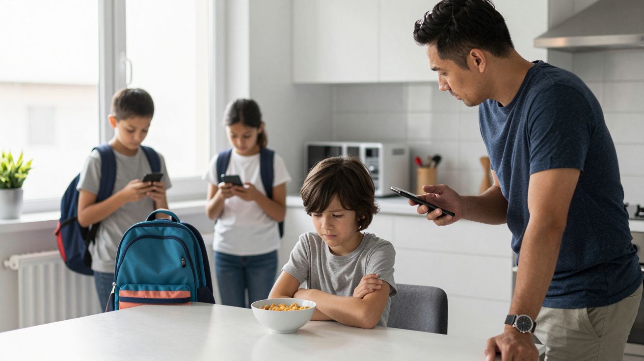 Father and three children on phones, with a boy sitting at a table with cereal, looking upset in a modern kitchen.