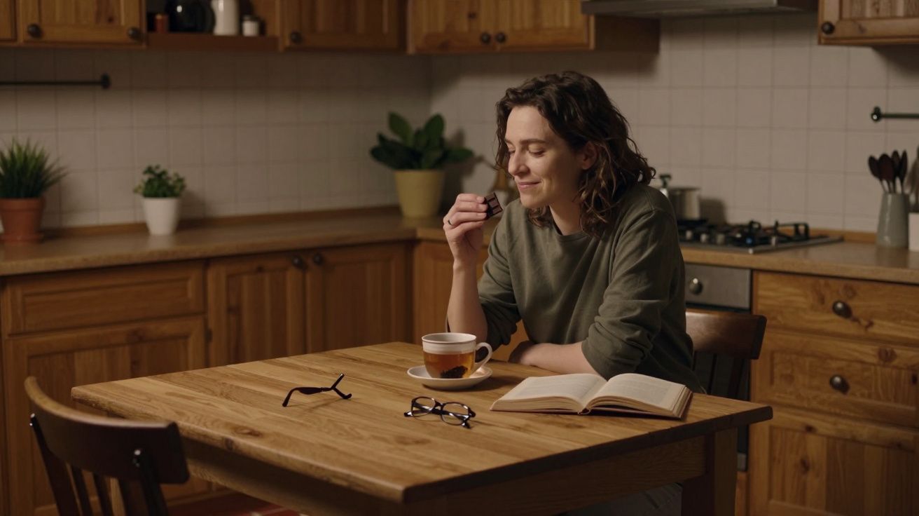 Woman enjoying tea and reading at kitchen table with eyeglasses on open book.