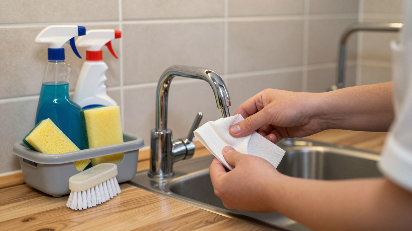 Person drying hands with paper towel by kitchen sink, cleaning supplies and sponges on countertop nearby.