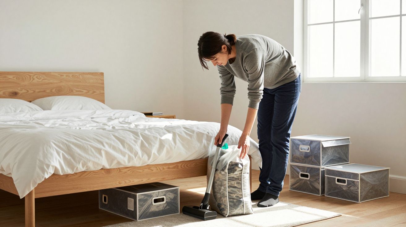Person vacuuming a carpet in a tidy bedroom with wooden bed frame and storage boxes under the bed.