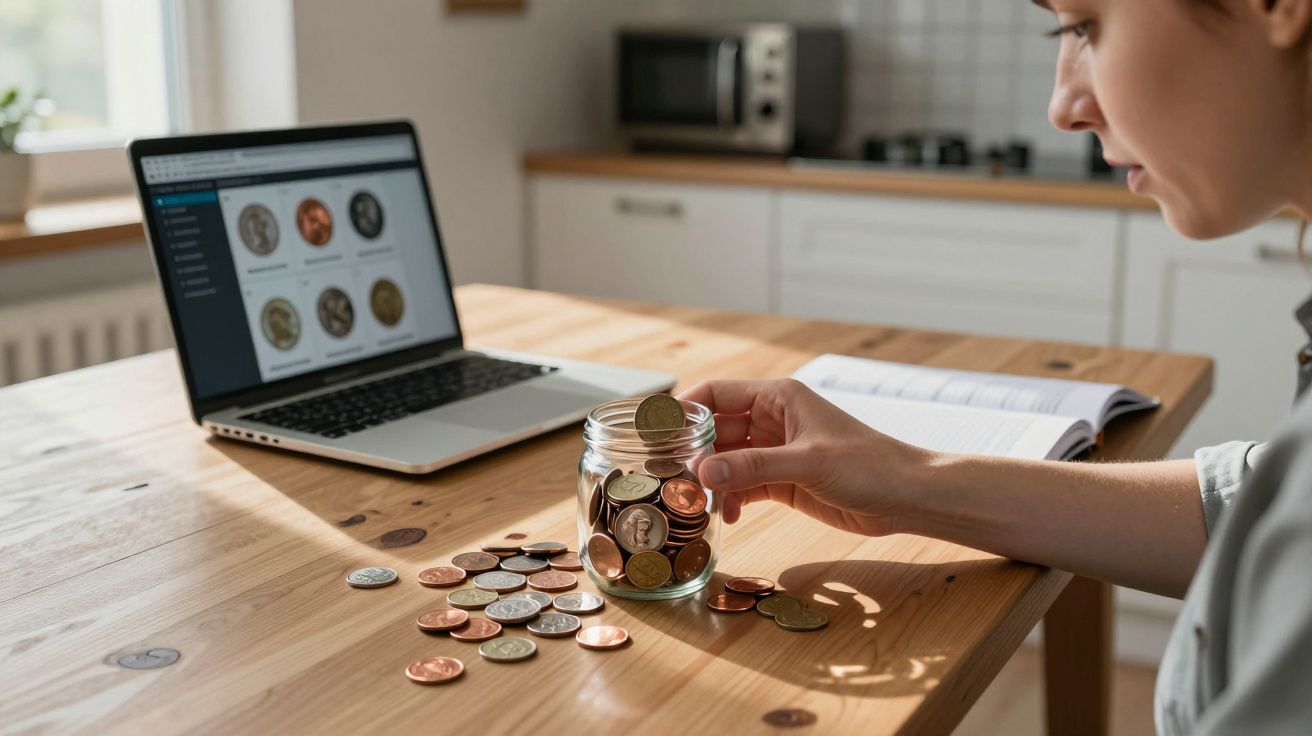 Person counting coins into a jar at a wooden table, with a laptop and open notebook nearby in a kitchen setting.