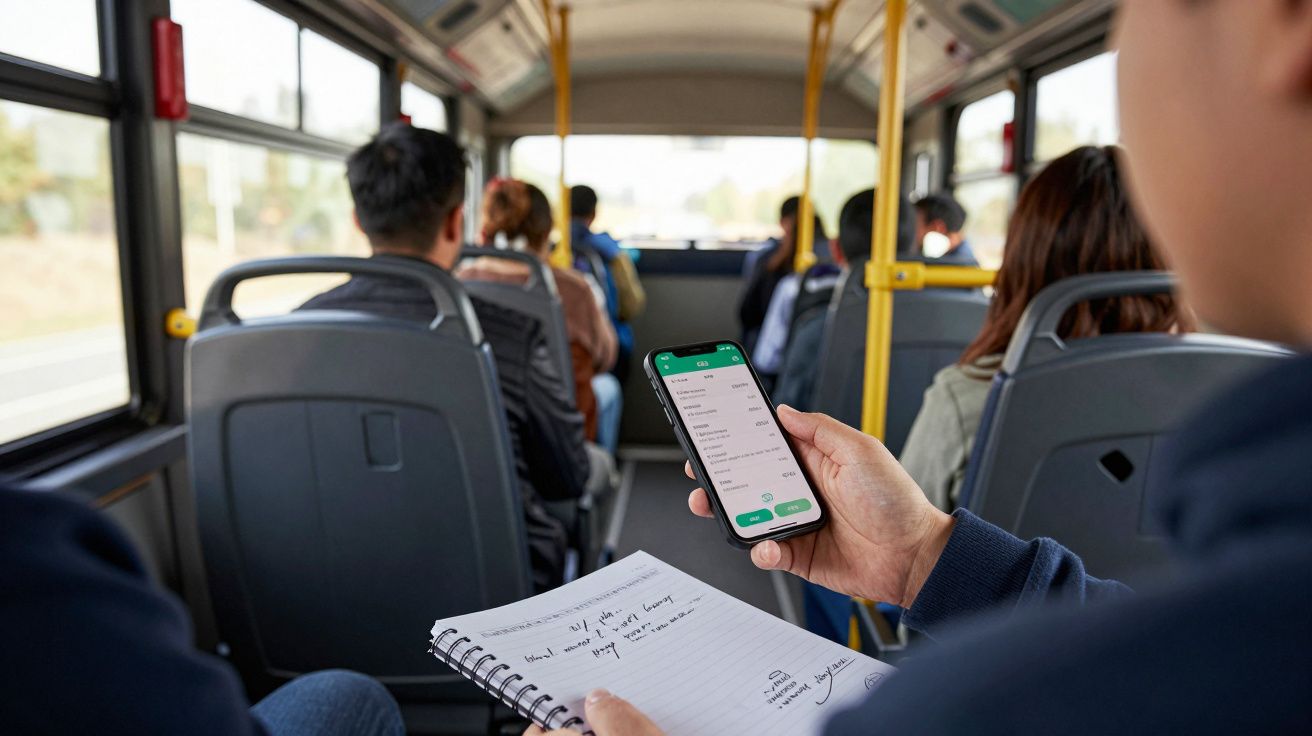 Person on a bus using a smartphone and holding a notepad with writing; other passengers sit ahead, facing forward.