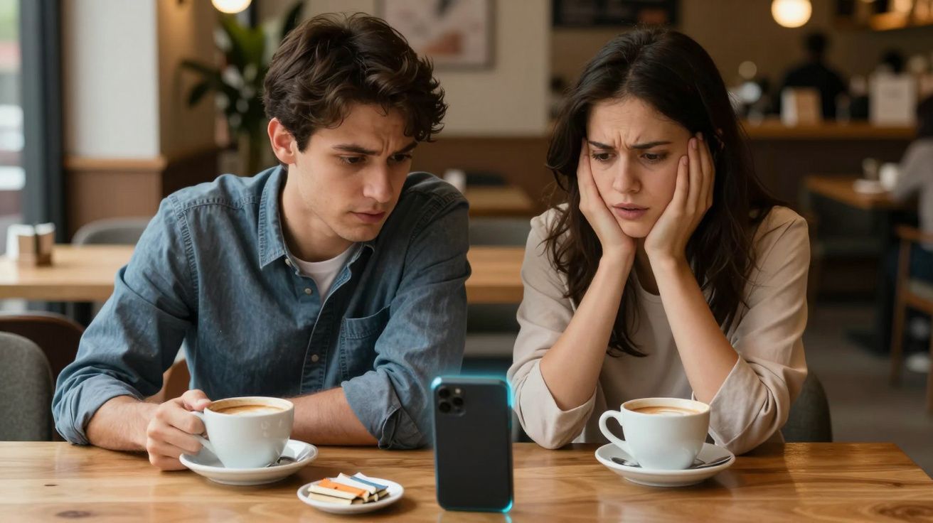 A concerned couple looks at a smartphone in a café, with coffee cups on the table in front of them.