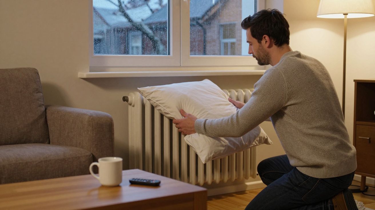 Man placing a pillow on a radiator in a cosy living room with a sofa, table, and rainy window view.