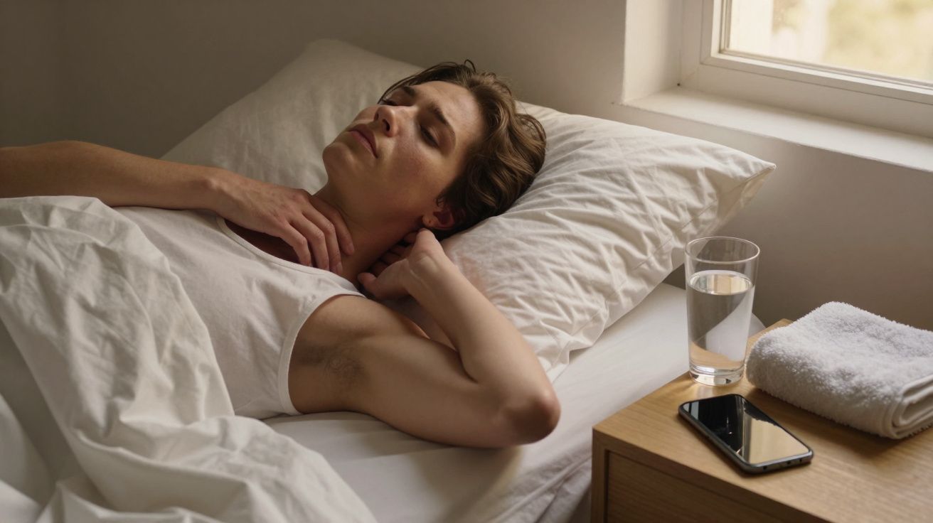 Person in bed holding neck, next to a bedside table with a phone, folded towel, and glass of water by a window.