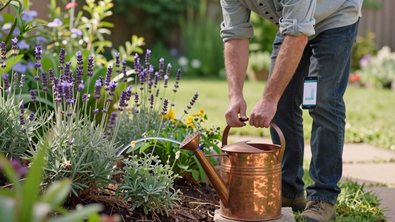 Gardener waters lavender and yellow flowers with a metal watering can, smartphone in pocket, in a bright garden.