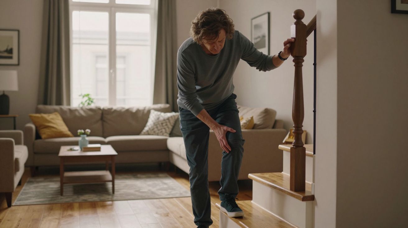 Man holding knee in pain at bottom of stairs, living room with sofa and coffee table in background.
