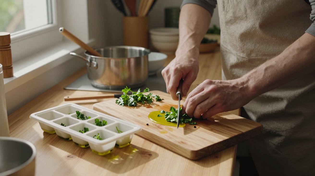 Person chopping herbs on a wooden board in a kitchen, with ice cube trays and a saucepan nearby.