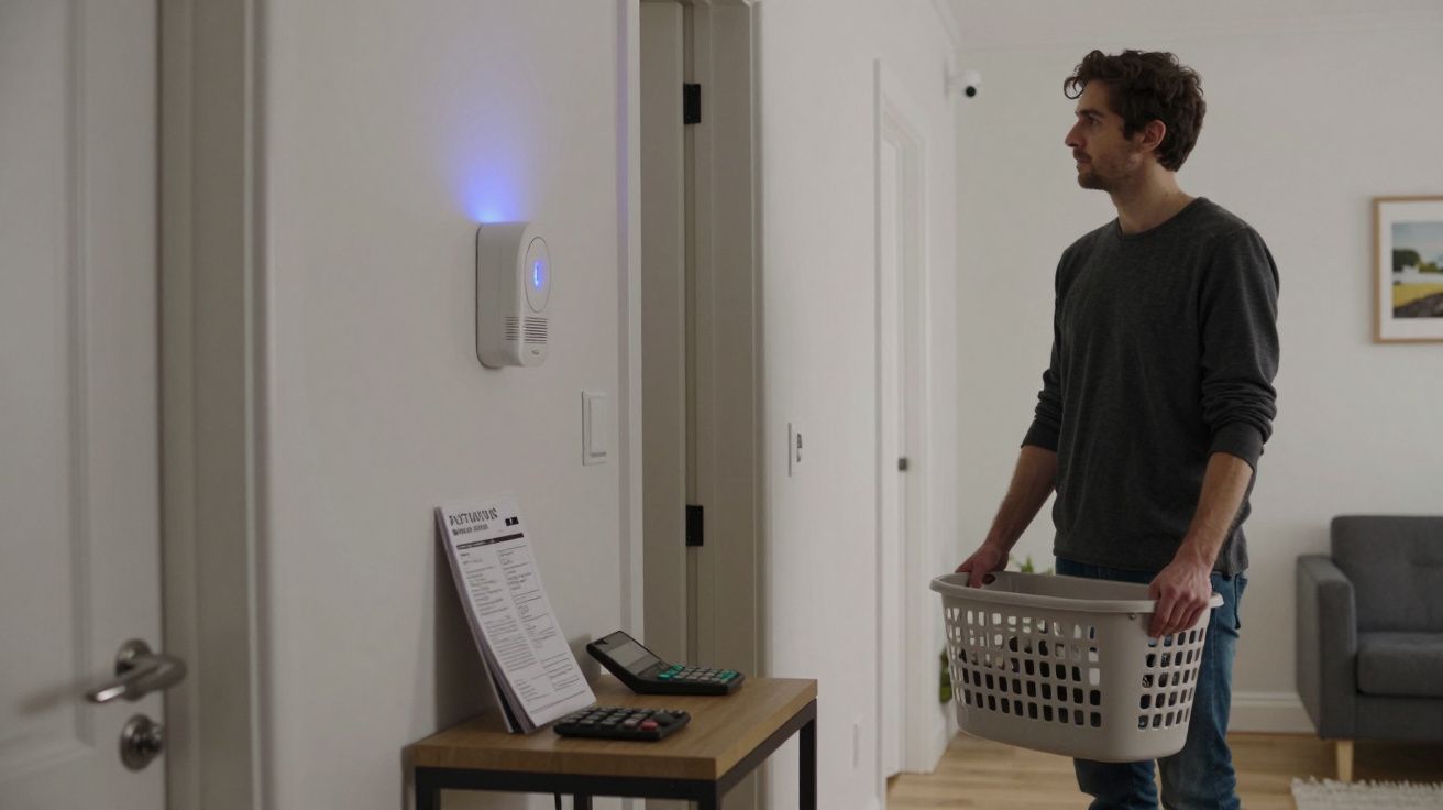 Man holding laundry basket in living room, standing near table with gadgets and wall-mounted device emitting blue light.