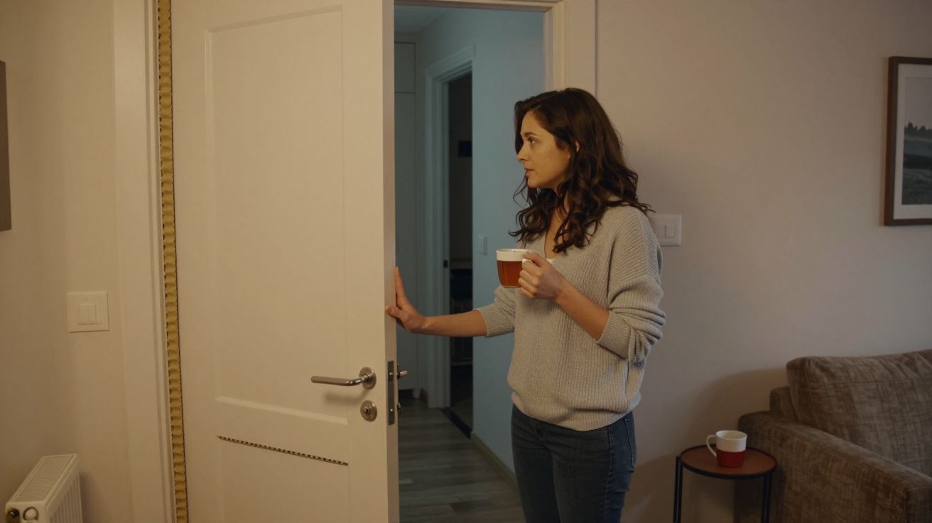 Woman holding a mug, standing in a doorway, wearing a grey jumper and blue jeans, near a sofa and a small table.