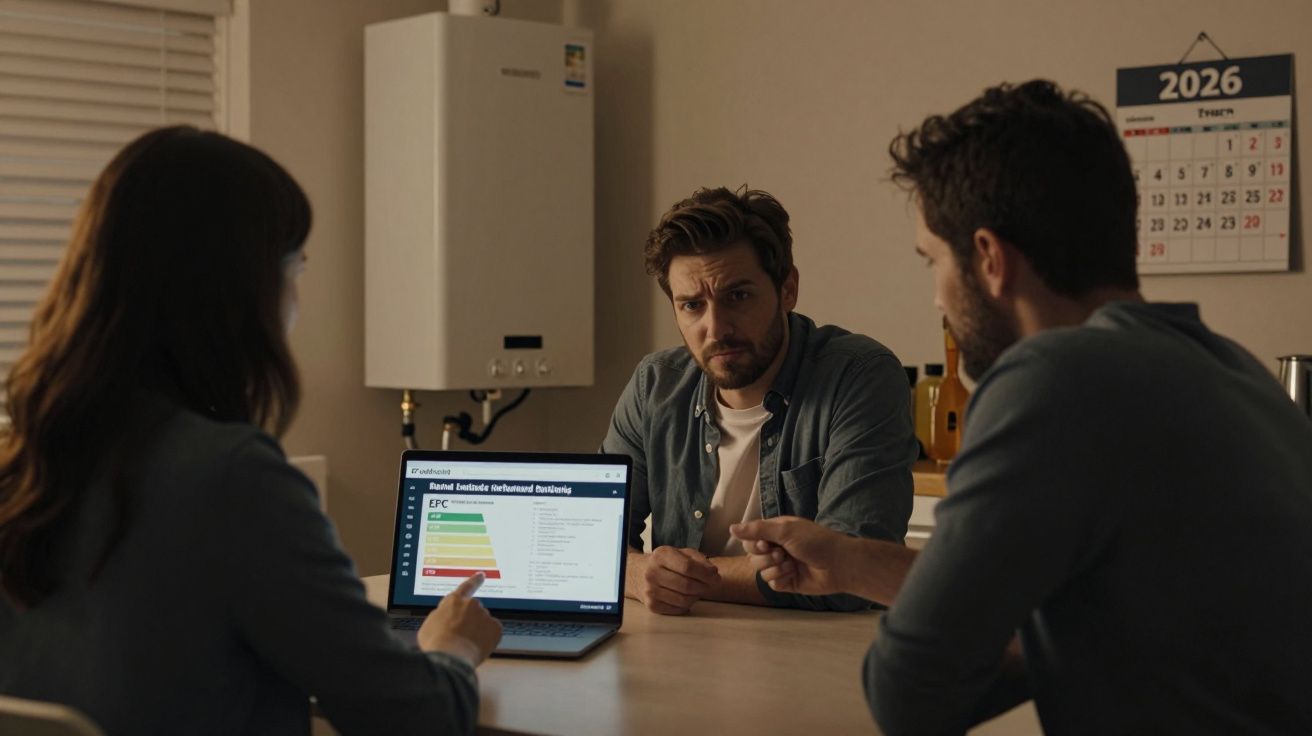 Three people having a discussion around a table with a laptop displaying energy information, calendar shows 2026.