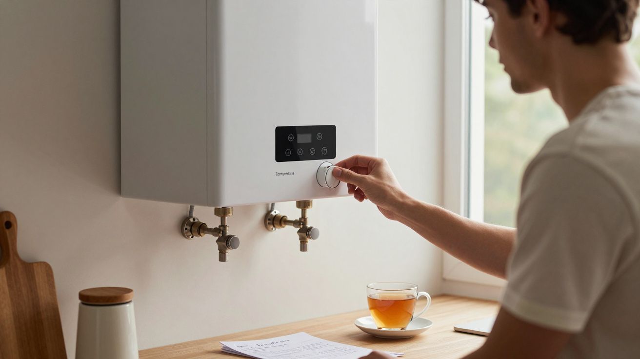 Person adjusting a wall-mounted boiler control dial next to a cup of tea on a wooden countertop.