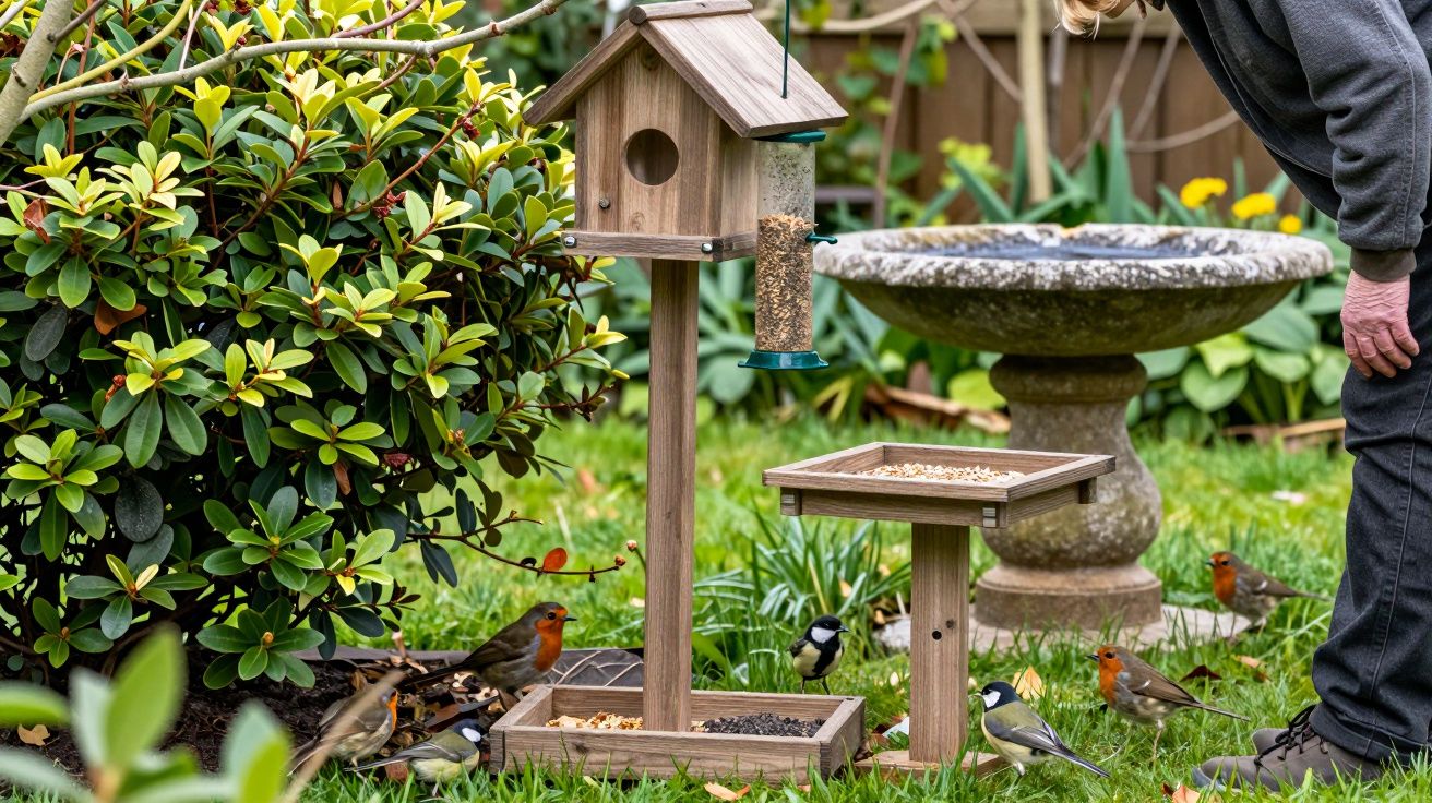 Person observing various birds at a wooden bird feeder in a garden with a birdbath and lush plants.