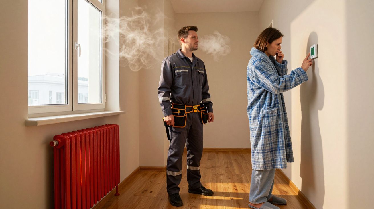 Woman adjusts thermostat while a repairman stands beside a steaming radiator in a brightly lit room.