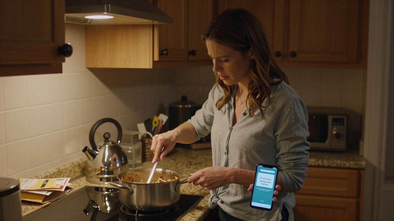 Woman cooking in kitchen, stirring pot and holding a mobile phone displaying a recipe app.