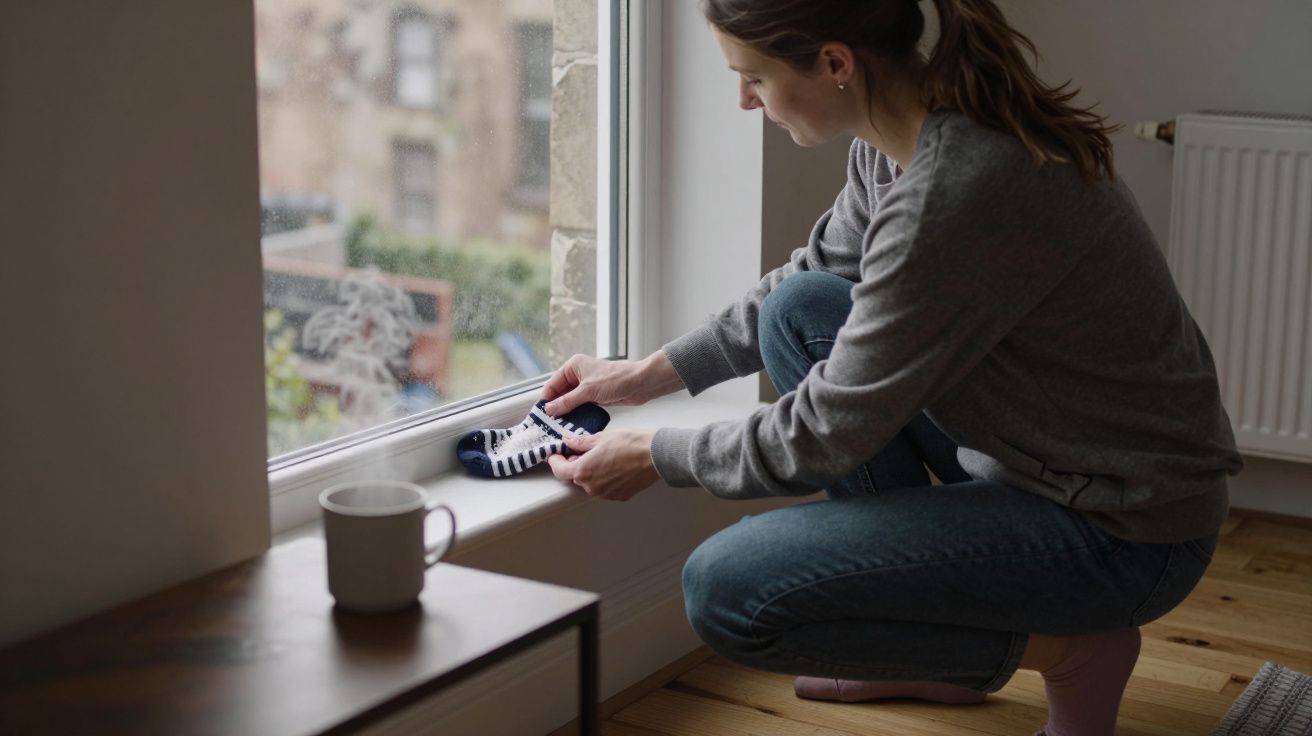 Woman kneeling by a window, arranging tiny shoes on the sill, with a mug nearby on a wooden floor.