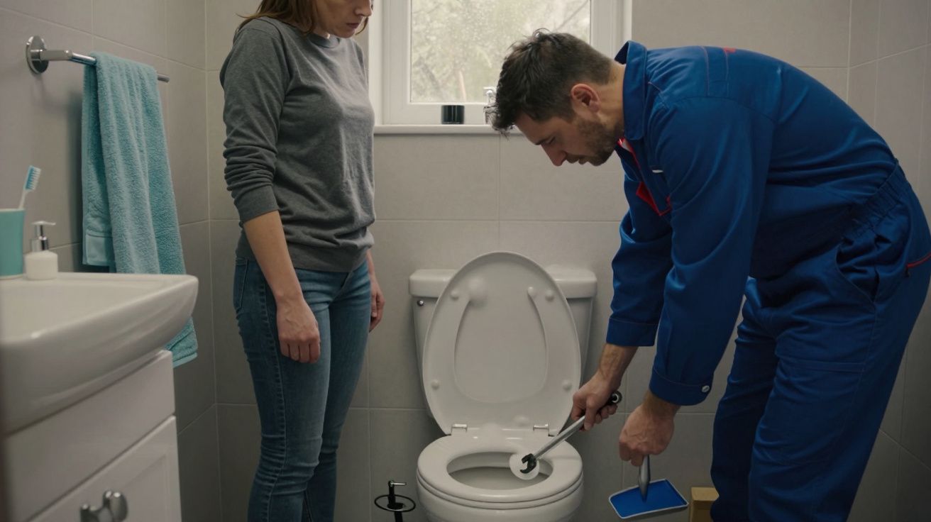 Plumber in blue overalls fixing toilet while woman watches in a bathroom.