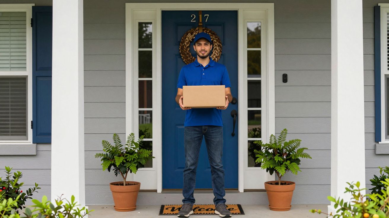 Delivery person in blue shirt and cap holding a package on a porch with a welcome mat and potted plants.